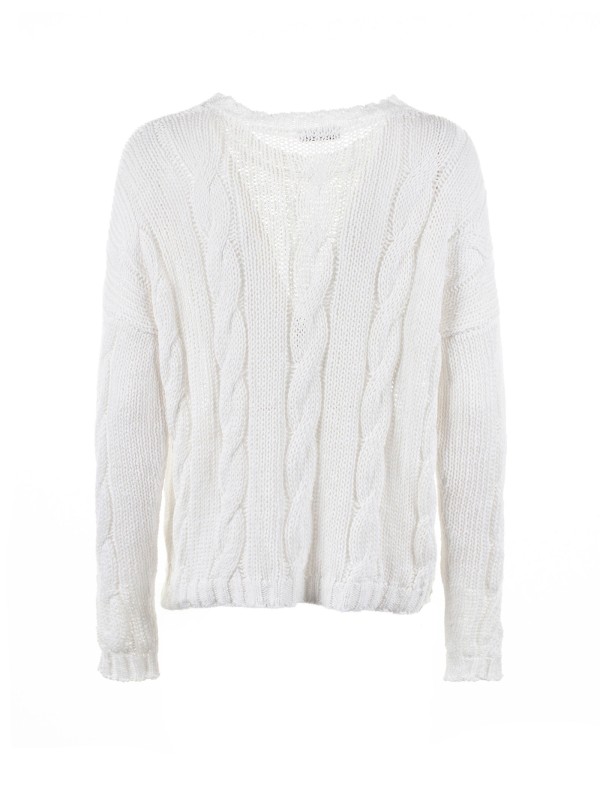 White crew-neck sweater with braid motif