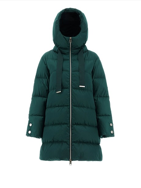 Green satin down jacket with hood and maxi drawstring