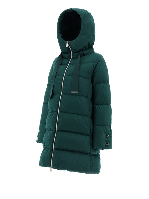 Green satin down jacket with hood and maxi drawstring