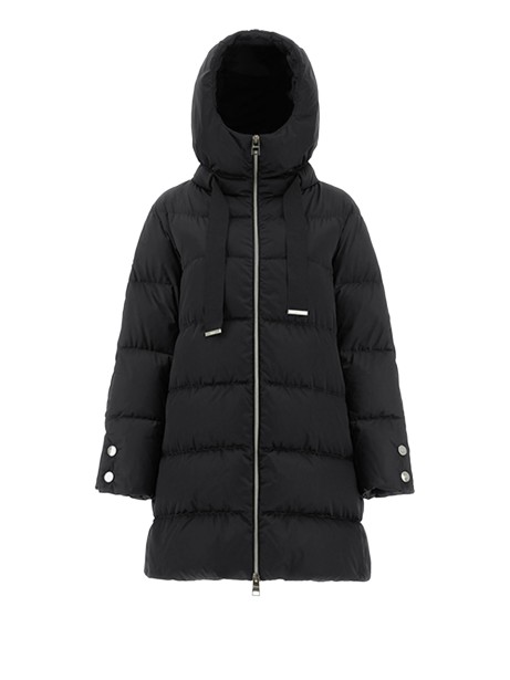 Black satin down jacket with hood and maxi drawstring