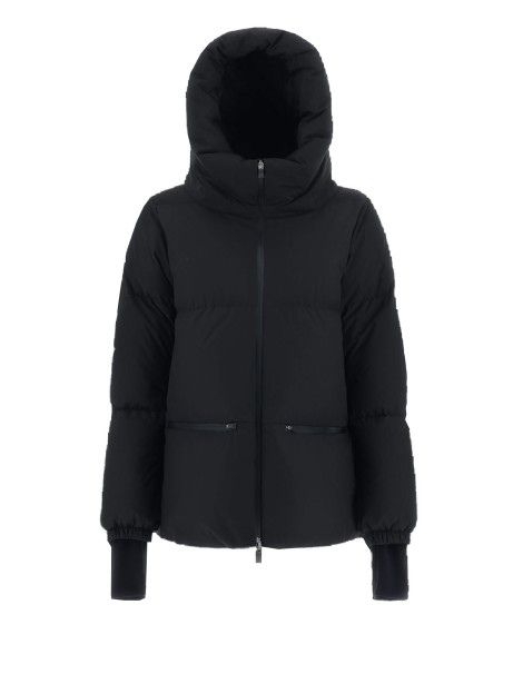 Black down jacket with hood and zip