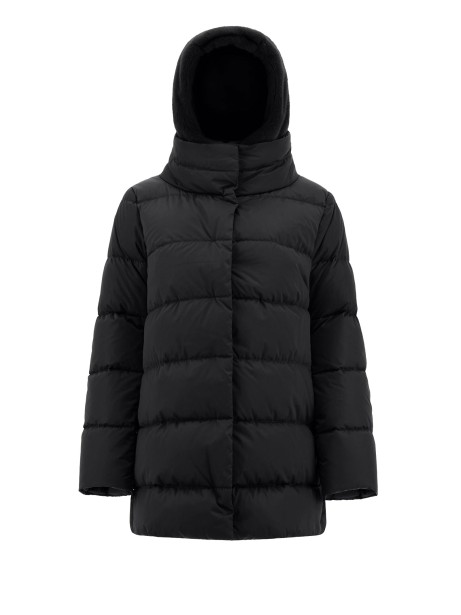 A-shape down jacket in satin and synthetic fur