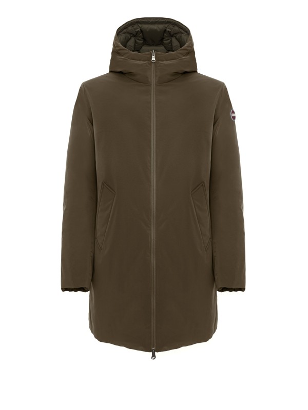 Long green reversible down jacket with zip and hood