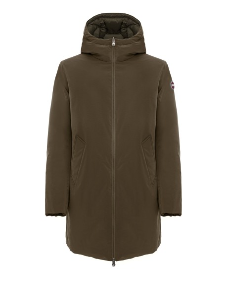 Piumino verde lungo reversibile con zip e cappuccio