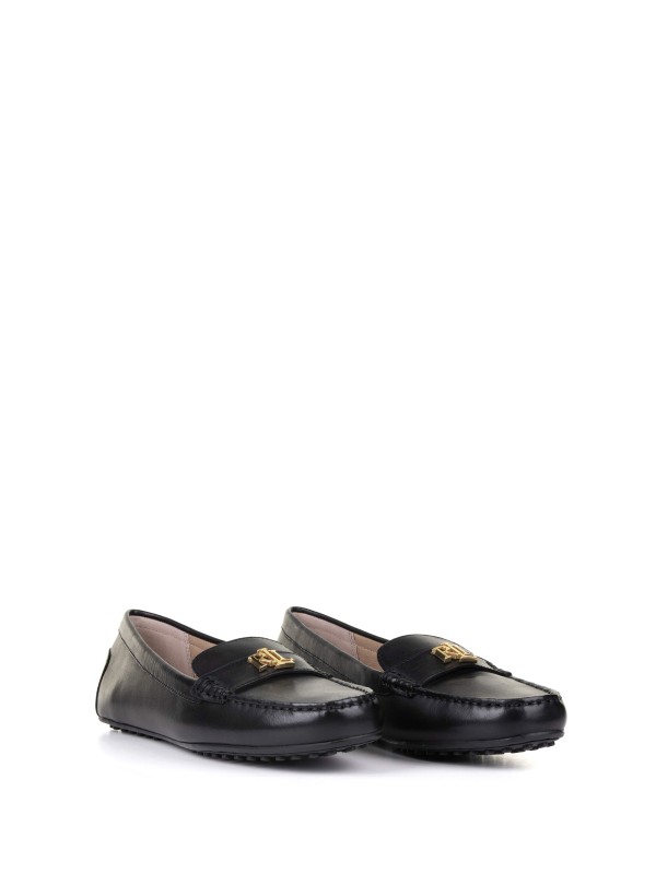 Mocassino gommino nero in pelle con placca logo