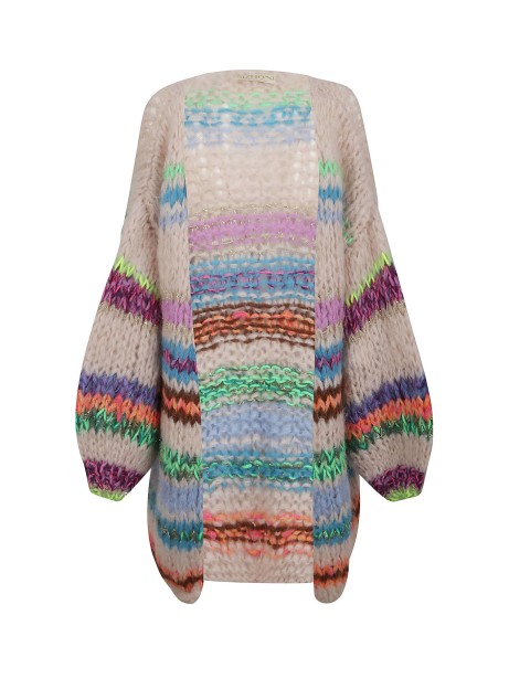 Long hand-knitted multicolor striped cardigan