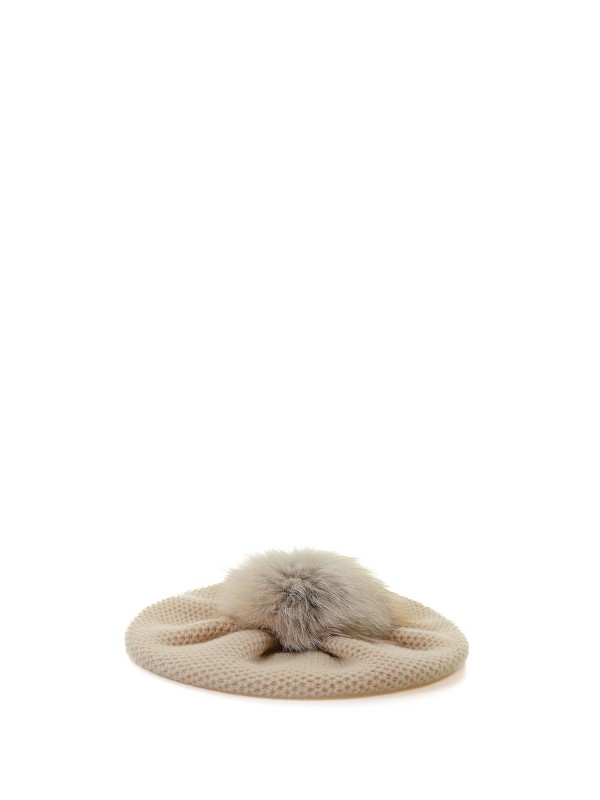 Honeycomb beret in pure cashmere with pompon