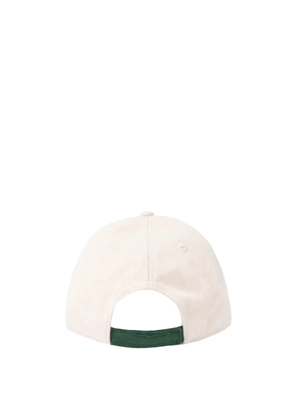 White wool baseball cap with corduroy visor and embroidered logo