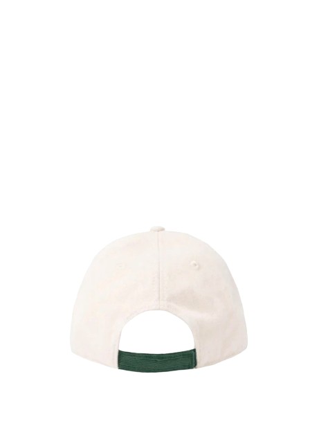 White wool baseball cap with corduroy visor and embroidered logo
