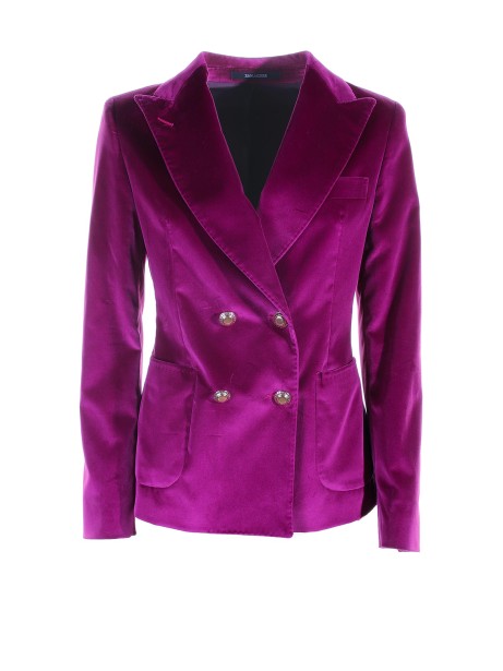 Double-breasted jacket in magenta velvet