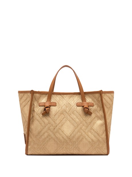 Marcella 32 Shopping bag in raffia and cotton jacquard fabric