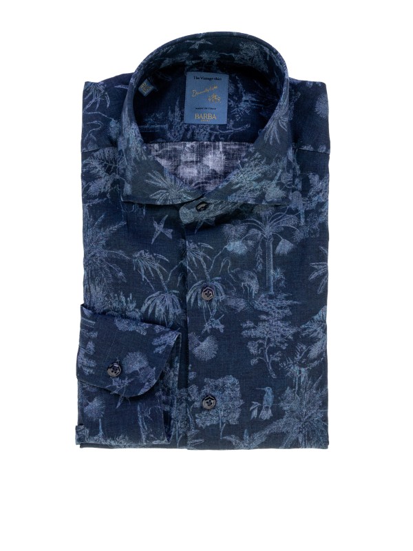 Men's Shirt Blue Patterned Linen