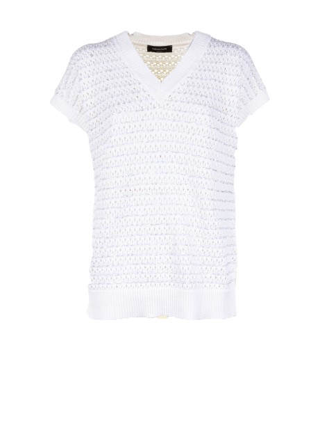 White Perforated V-Neck Sweater