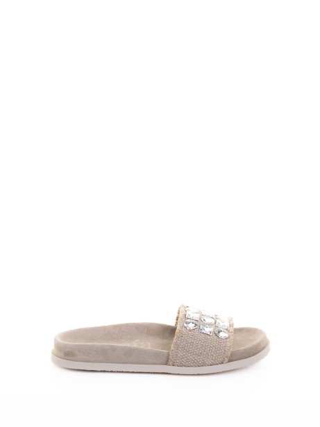 Linen and suede blend slipper with rhinestones