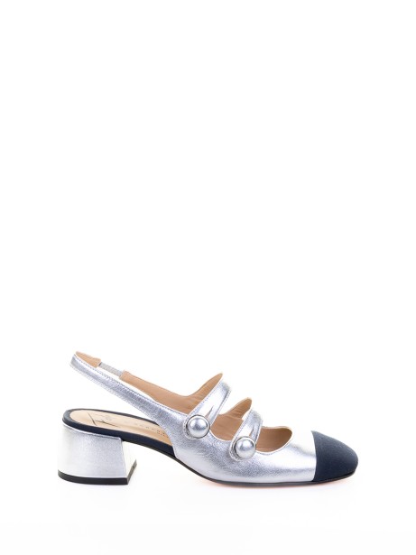 Décolleté slingback in silver laminated nappa leather double strap