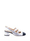 Décolleté slingback in silver laminated nappa leather double strap