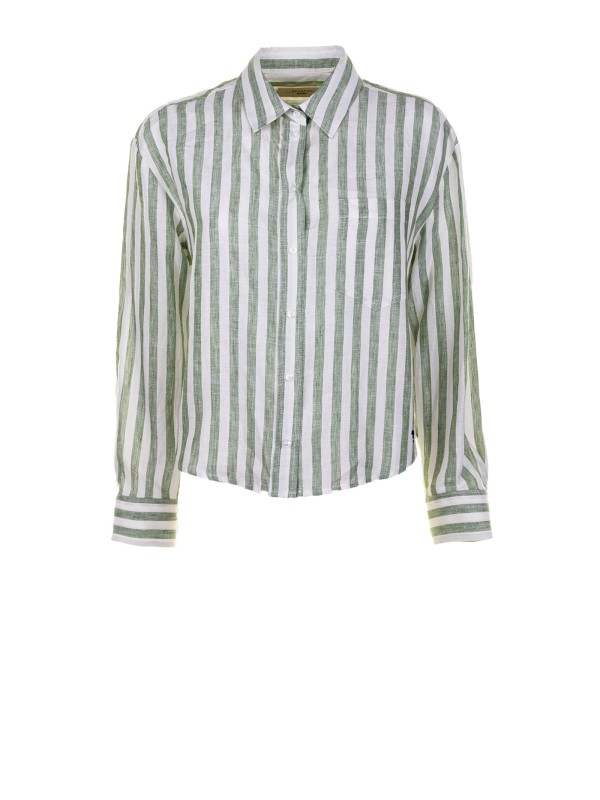 Women's White Green Striped Linen Shirt
