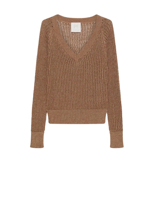 Maglia camel scollo a V in cotone lurex