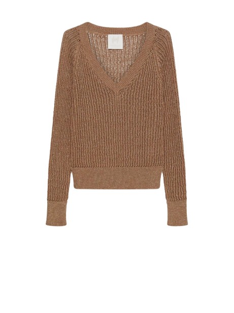 Camel V-neck sweater in lurex cotton