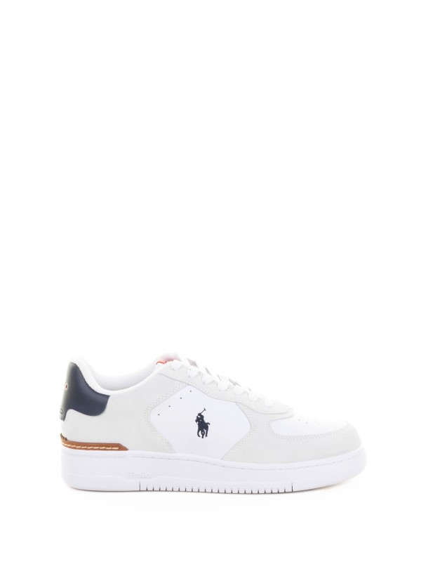 White leather sneaker with navy logo