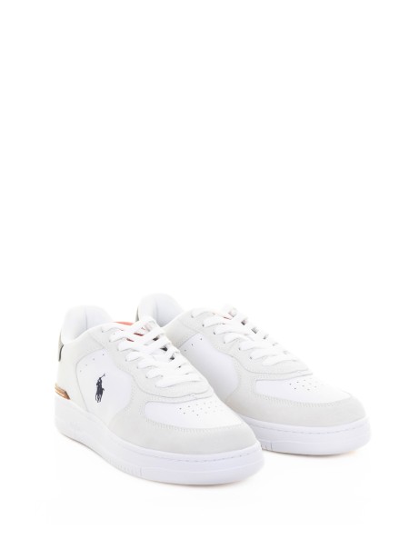 White leather sneaker with navy logo 2