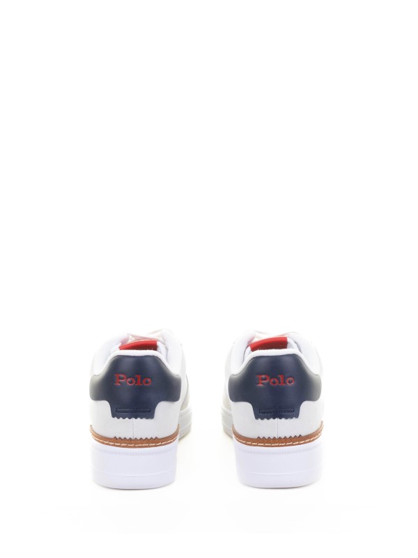 White leather sneaker with navy logo