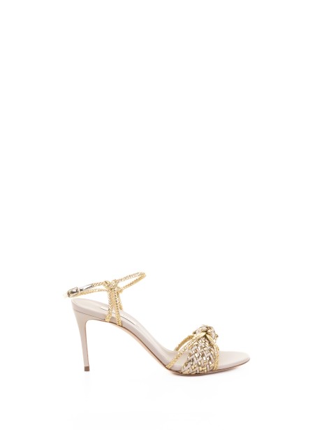 Gold Fabric and Leather Heeled Sandals