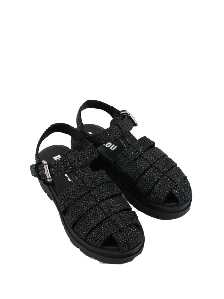 Sandalo nero in pelle e tessuto 2