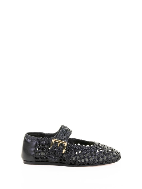 Ballerina nera in pelle intrecciata con cinturino