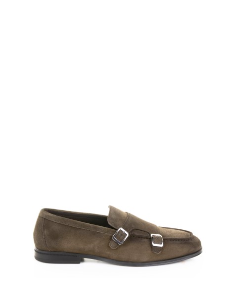 Olive suede moccasin with double buckle