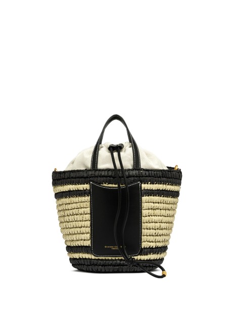 Double handle bag in straw and leather