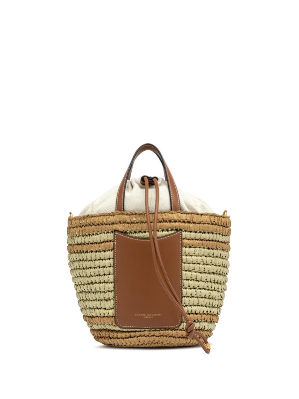 Double handle bag in straw and leather