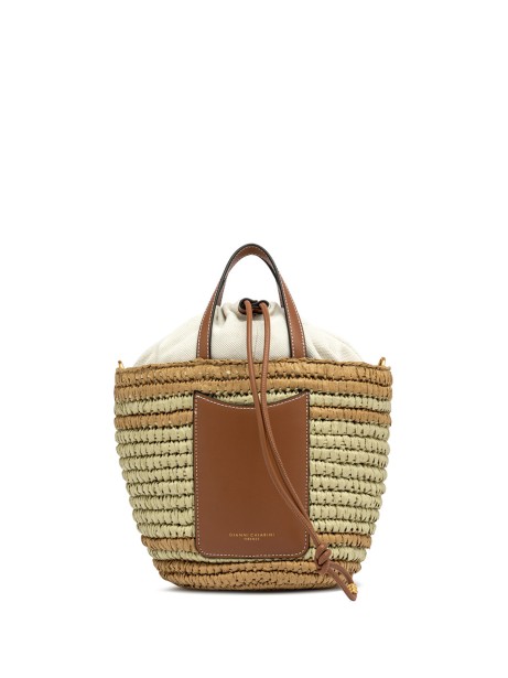 Double handle bag in straw and leather