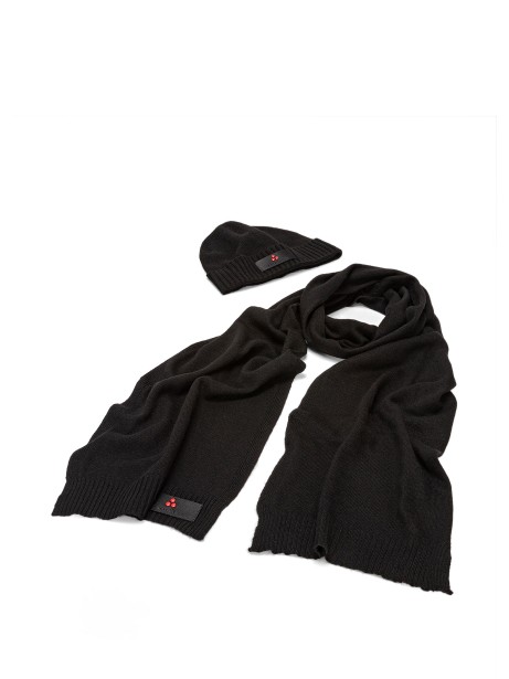 Beanie hat and scarf in black wool blend tricot