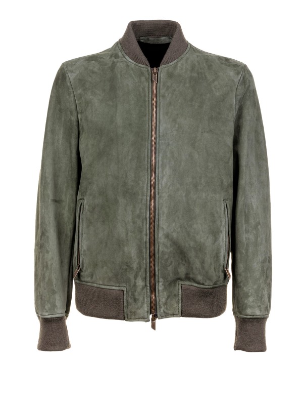 Giacca uomo verde in suede con zip e colletto Giacca uomo verde in suede con zip e colletto