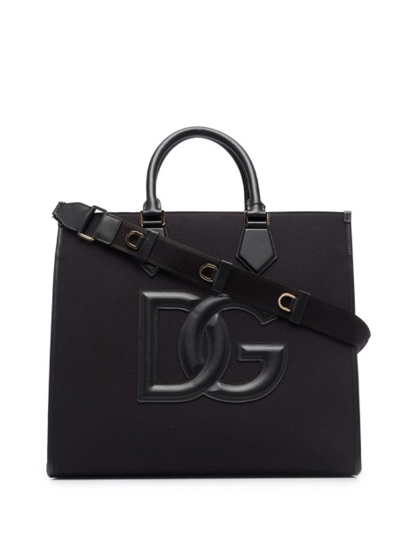 Shopping in canvas con logo in pelle nera