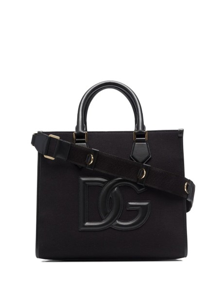 Shopping in canvas con logo in pelle nera