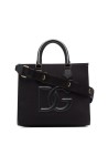 Shopping in canvas con logo in pelle nera
