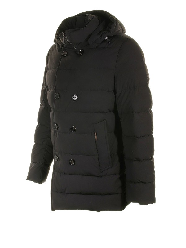 Black quilted down jacket with hood