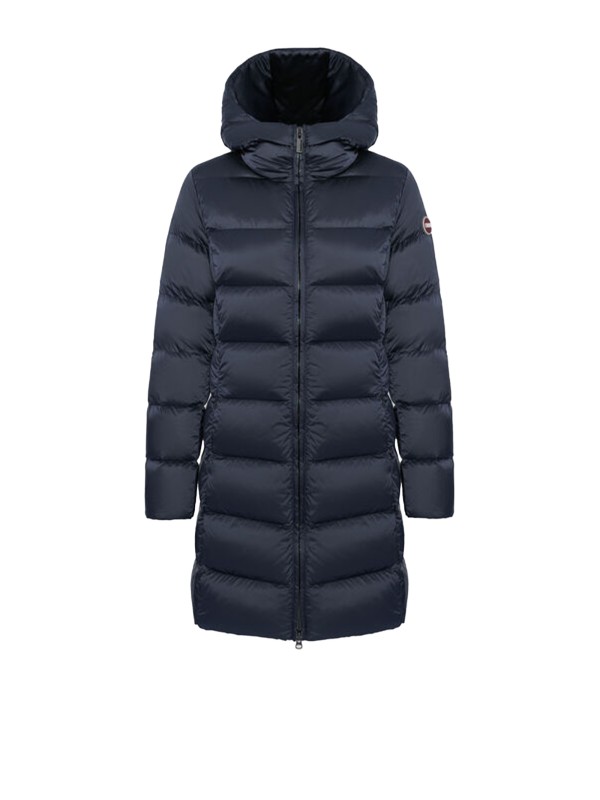 Piumino blu lungo con cappuccio