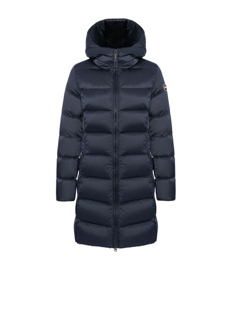 Piumino blu lungo con cappuccio