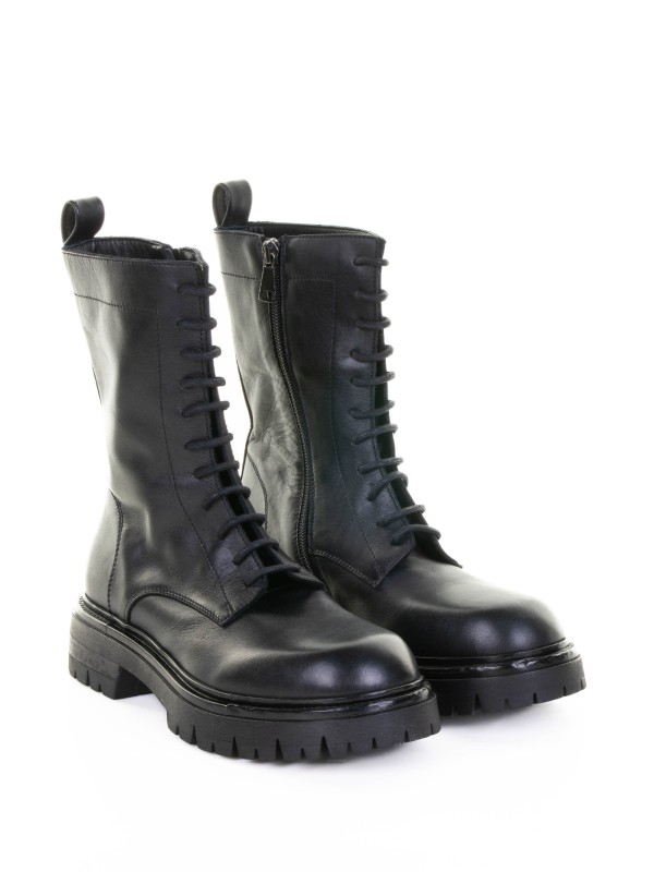Black Leather Biker Boot with Laces