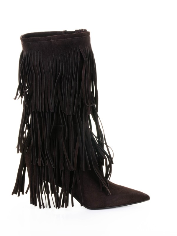 dark brown suede boot with fringe