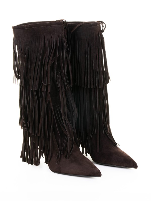 dark brown suede boot with fringe