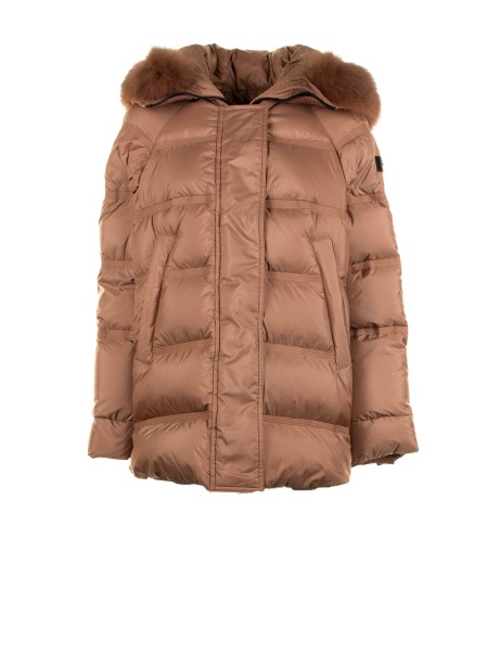 Camel Quilted Down Jacket with Fur Hood