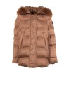 Camel Quilted Down Jacket with Fur Hood