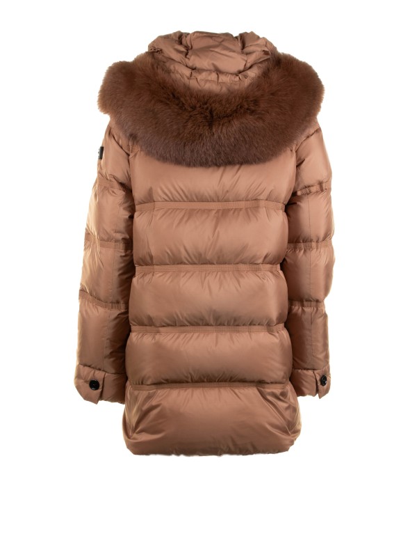 Camel Quilted Down Jacket with Fur Hood