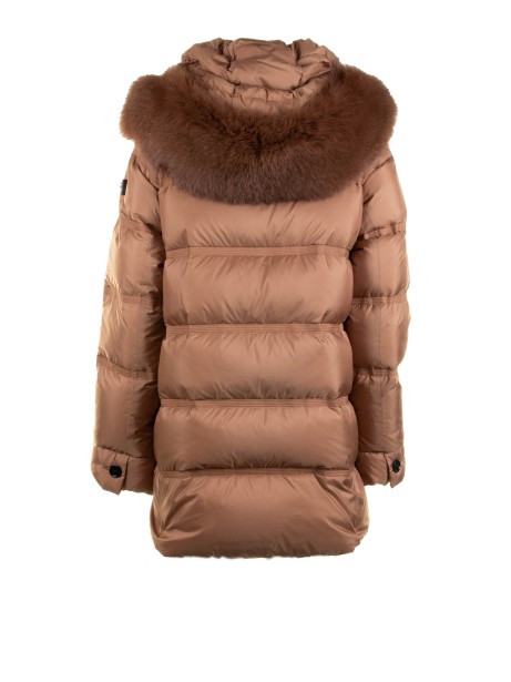 Camel Quilted Down Jacket with Fur Hood