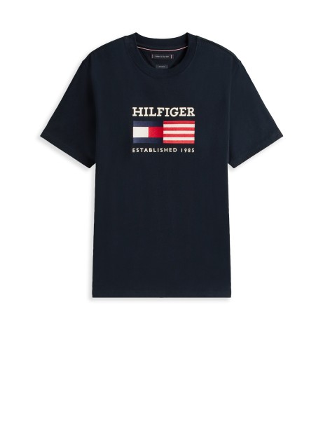 T-Shirt blu scuro con stampa.
