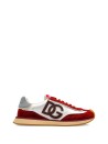 Red and white mixed-material sneakers